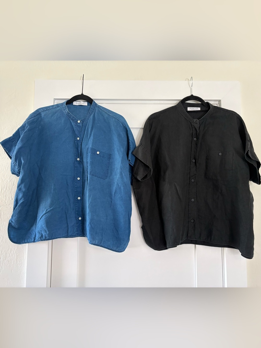 BUNDLE OF 2 Everlane 100% Linen Short Sleeve Band Collar Blouses